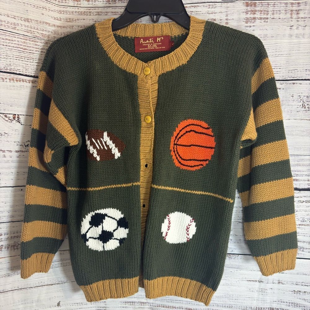 Vintage Auntie M Sweater Kids Size large Hand stitched Knit Cotton cardigan